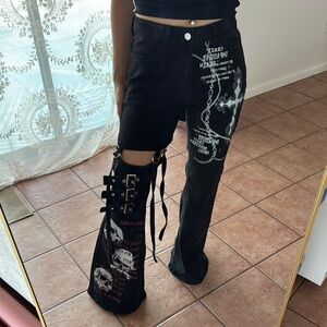 Black Gothic Style Flare Pants with skull and cut out details
